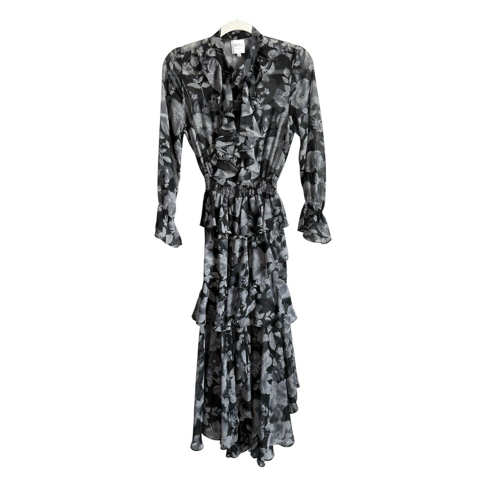 MISA Los Angeles Agnese Ruffle Tiered Midi Dress Chiffon Black Floral Boho XS
